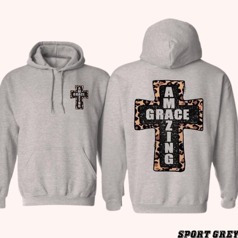 Amazing Grace Christian Hoodie, Leopard Cross 2 Sided Graphic Hoodie Casual Fleece Fabric Hooded Sweatshirt Trendy Tops...