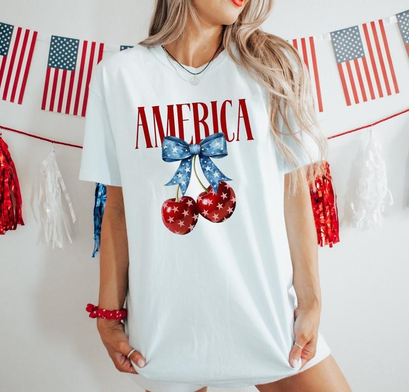 America Cherries Shirt, Cherry Bow Crewneck, 4th Of July Coquette Bow Shirts, Trendy July 4th Graphic Tee, 4th of July...