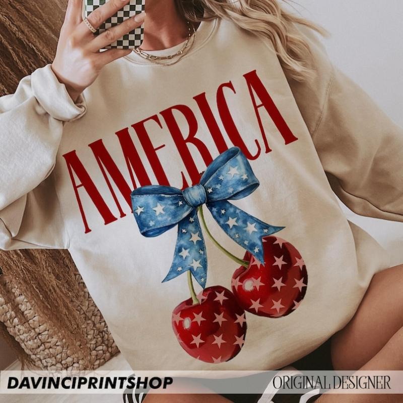 America Cherries Shirt, Cherry Bow Tee, Trendy July 4th , 4th of july Woman , Usa Flag Sweatshirt Hoodie | UrbanDripWear.com