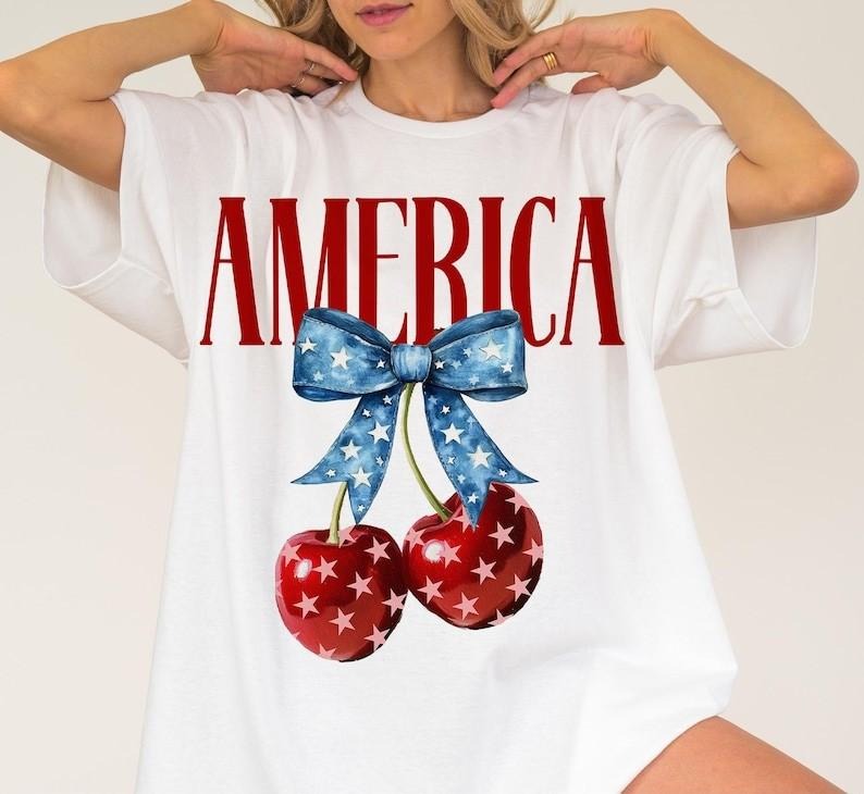 America Cherries Shirt, Cherry Bow Tshirt, Trendy July 4th Tee, 4th of july Woman Shirt, Usa Flag T-Shirt Hoodie, Sweatshirt