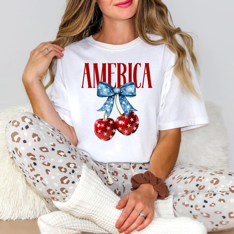 America Cherries T-shirt, Cherry Bow Shirt, Trendy July 4th Outfit, 4th of July Woman Outfit, USA Flag Tee, Red White and...