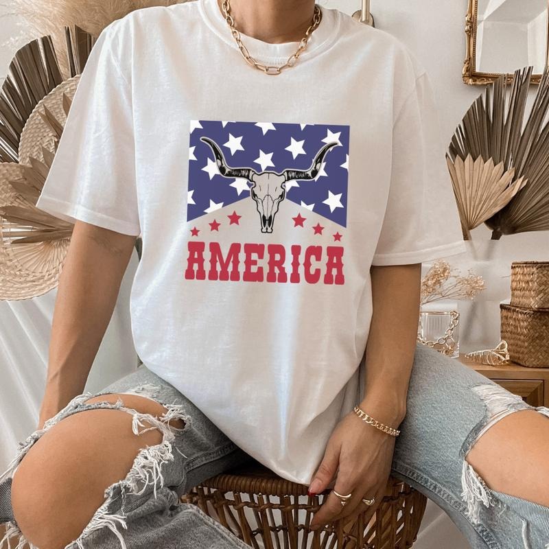 America Flag Bull Skull T-Shirts, Western Bull Skull Tee, American Flag Gift for Cowboy, Fourth Of July Shirt, Trendy...