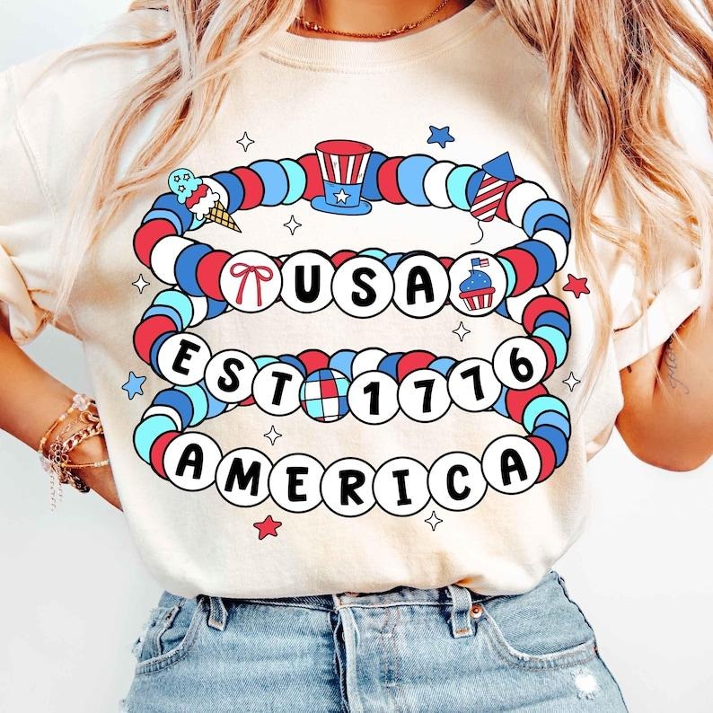 America Friendship Bracelet tshirt, Girly 4th of July shirt, 1776 tshirt, Memorial Day, Preppy USA sweatshirt,...