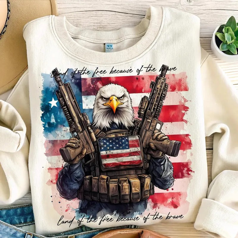 America Land Of The Free Because Of The Brave Crewneck Sweatshirt, 4th of July Patriotic Tee, Independence Day Gift,...