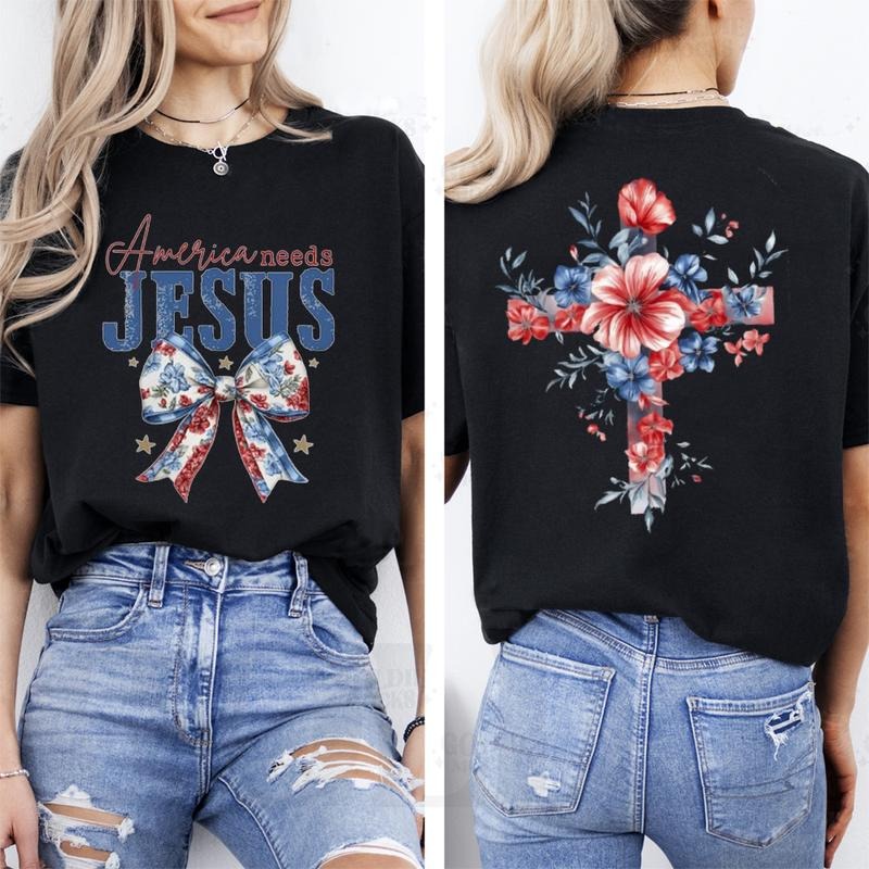 America Needs Jesus  Independence Day Tshirt Pure Cotton Fabric Casual Streetstyle Crew Neck Short Sleeve T-Shirt Trendy...
