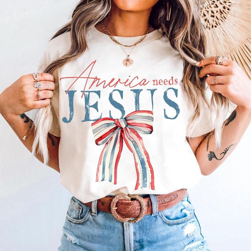 America Needs Jesus Coquette Bow Watercolor Tee Unisex Cotton Round Neck Shirt for Men and Women, Full Sizes, Patriotic...
