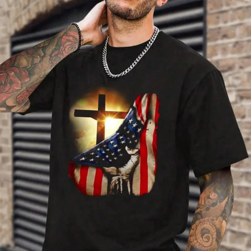 American Christian Cross Patriotic Flag T-Shirt Casual Style Crew Neck Short Sleeve T-Shirt Tops Trendy for Unisex...