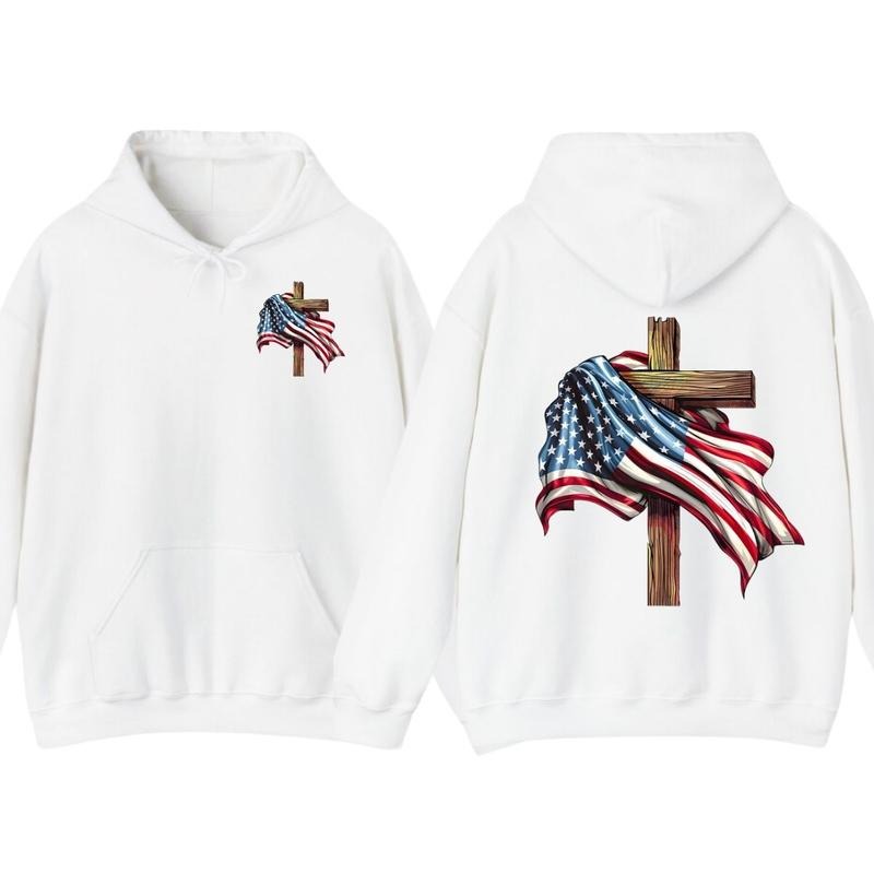 American Flag & Cross Print T-Shirt Hoodie, American Flag 4th of July Graphic Tee, Memorial Day Shirt, Christian Clothing...