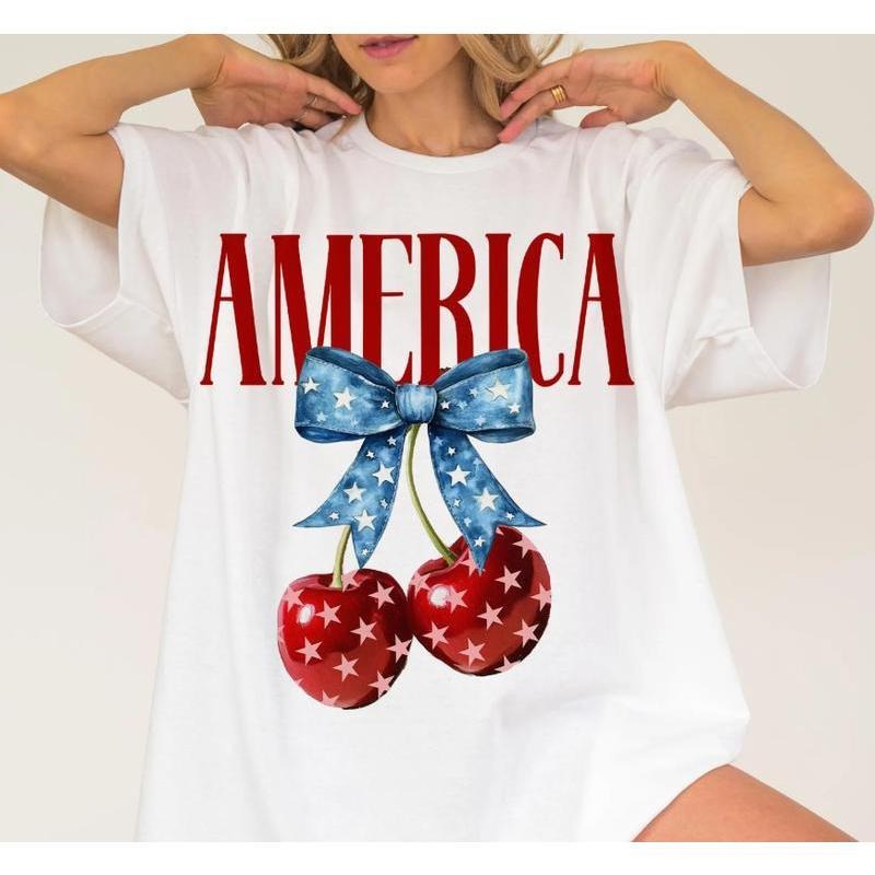 American Flag Cherry Bow T-Shirt, Fourth of July, Patriotic Tee, Independence Day, American Flag Themed, Holiday Outfit...