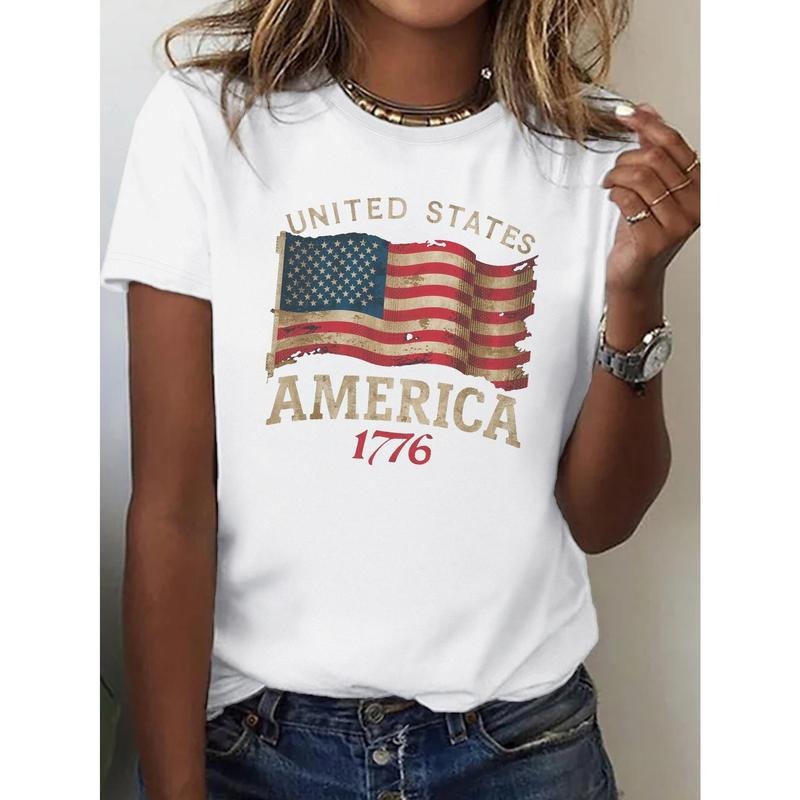 American Flag Print Crew Neck T-shirt, Casual Short Sleeve Top For Spring & Summer, Women's Clothing Hoodie, Sweatshirt