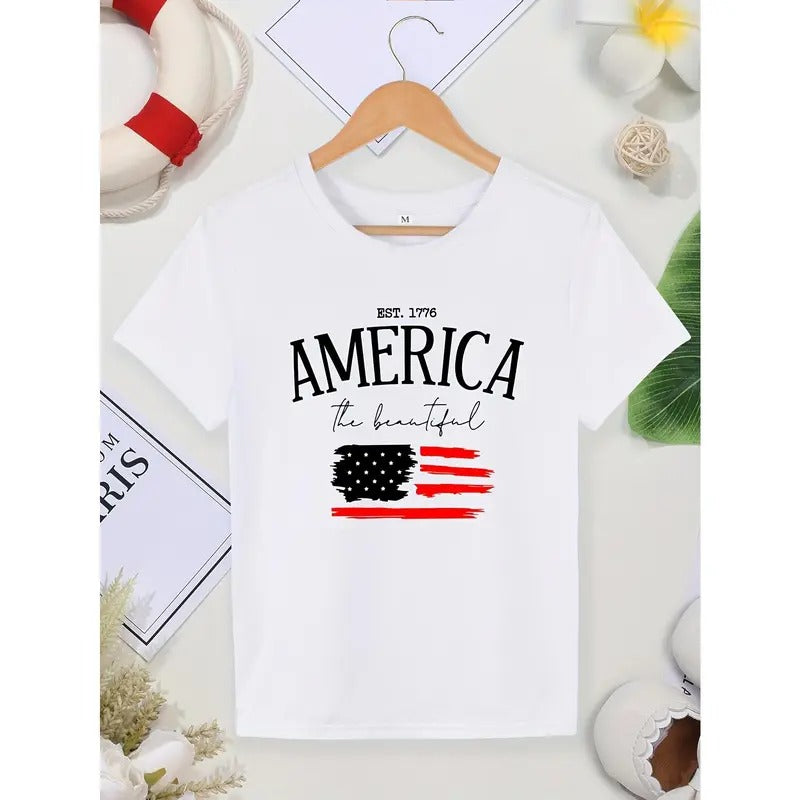 American Flag Print Crew Neck T-shirt, Casual Short Sleeve Top For Spring & Summer, Women's Clothing style 04 Hoodie,...