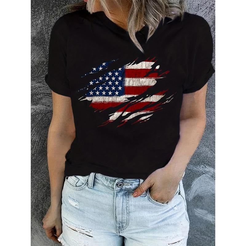 American Flag Print T-Shirt, Independence Day Short Sleeve Crew Neck Casual Top For Summer & Spring, Women's Clothing...