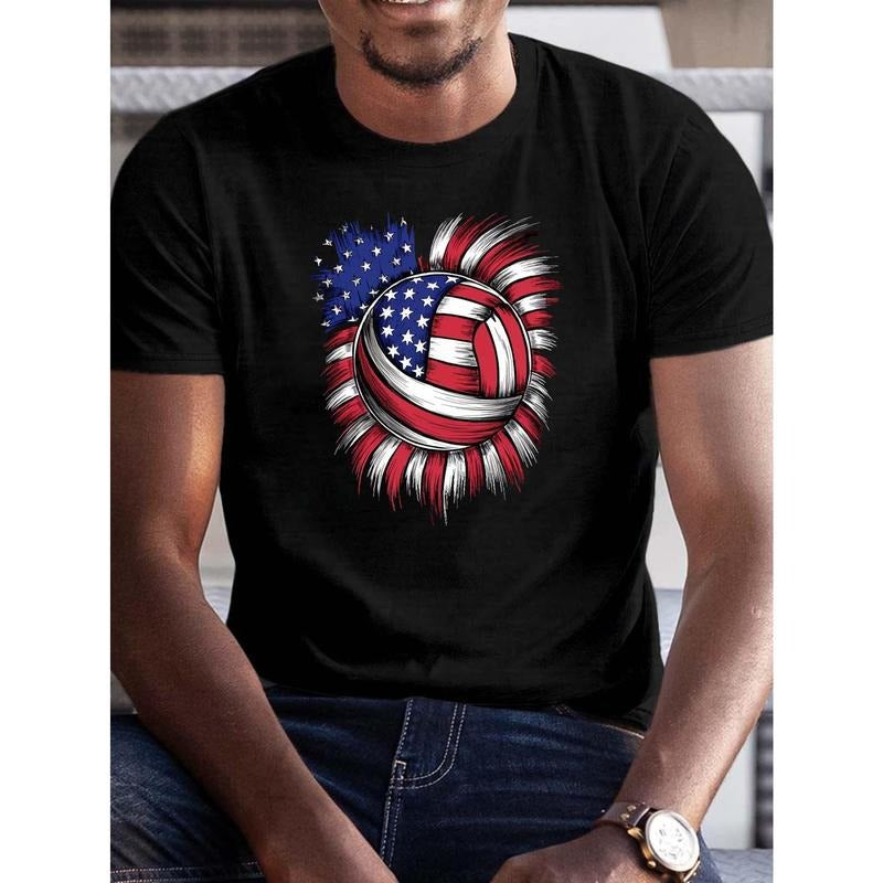 American Flag Volleyball Fusion Print Men's Crew Neck Short Sleeve Tee Fashion T-Shirt, Casual Comfy Breathable Top For...