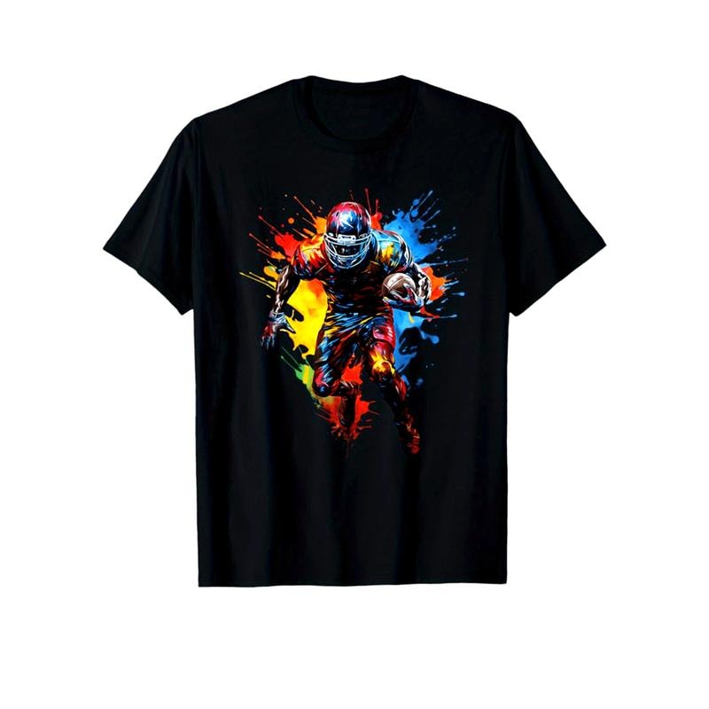 American Football Print Men's Cotton T-shirt, Graphic Tee Men's Outdoor Clothes, Men's Clothing, Casual Short Sleeve Crew...