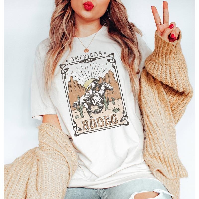American Rodeo Cowboy T-shirt  Western Cowboy Horse Desert Cactus Retro Women Shirt Hoodie, Sweatshirt | UrbanDripWear.com