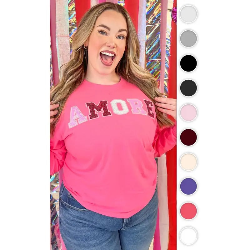 Amore Sequin Valentine Graphic Long Sleeve T-Shirt Hoodie, Sweatshirt | UrbanDripWear.com