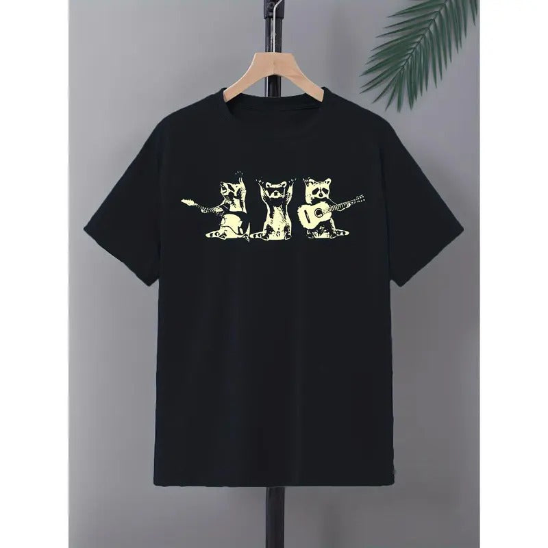Animal With Guitars Print Men's Crew Neck Fashionable Short Sleeve Sports T-shirt, Comfortable And Versatile, For Summer...