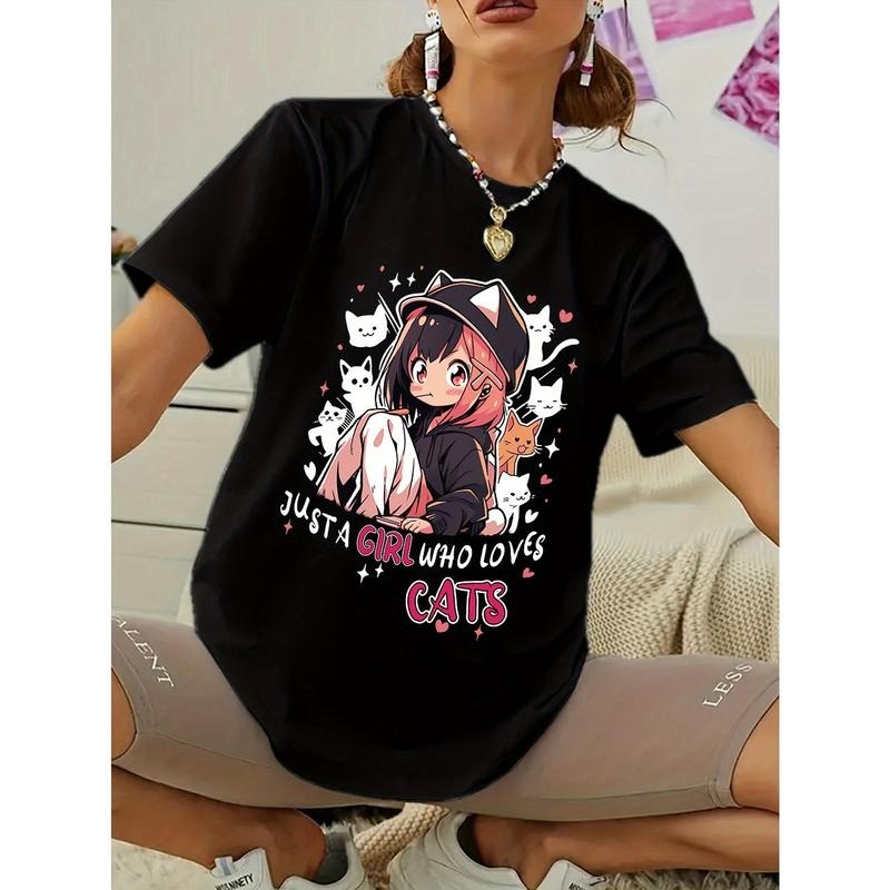 Anime Print T-shirt, Casual Short Sleeve Crew Neck Top For Spring & Summer, Women's Clothing Hoodie, Sweatshirt