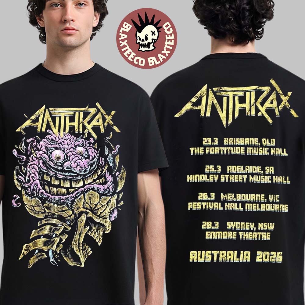 Anthrax Australia Tour 2026 Merch Tee Skull Brain Art With Dates Back Two Sided T-Shirt