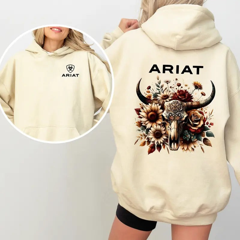 Ariat Floral Bull Skull Hoodie, Iconic Ariat Logo Shirt, Stylish Western-Inspired Graphic Tee Sweatshirt | UrbanDripWear.com