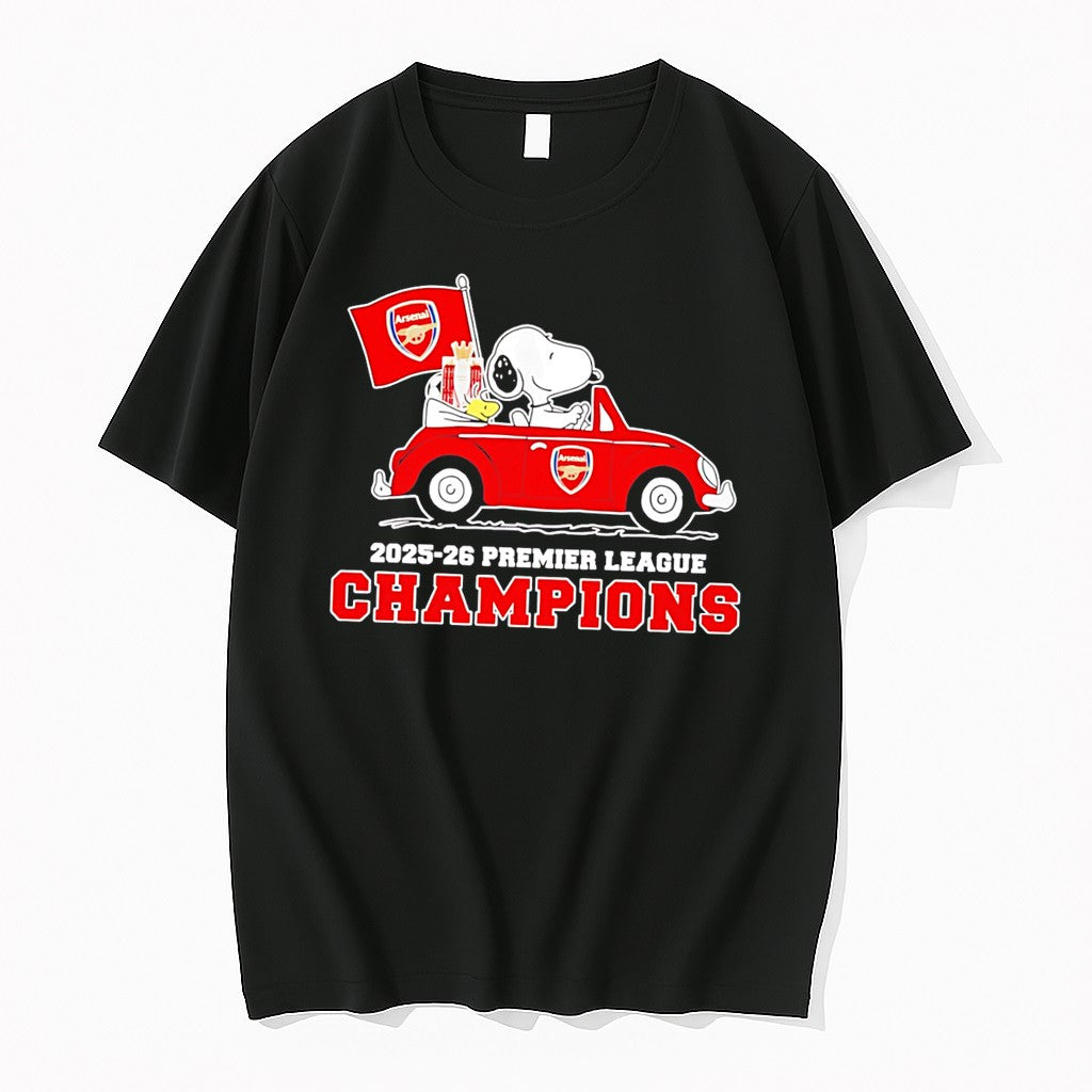 Arsenal 2025 2026 Premier League Champions Snoopy Cruising With Arsenal Pride Tee Tshirts Sweater