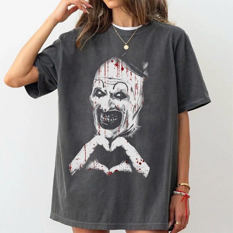 Art The Clown Terrifier Shirt, Scary Horror Clown T-Shirt, Creepy Heart Hands Tee, Spooky Slasher Fan Gift Unisex, Love...