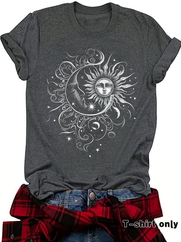 Artistic Sun and Moon Print Retro Style Women's Summer Casual Short Sleeve T-Shirt, Comfortable Breathable Fit S-Xxl...