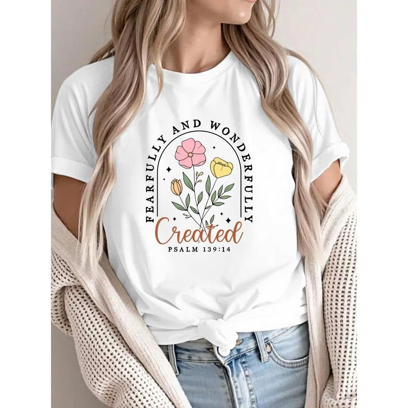 Artistic T - Shirt Featuring "Fearfully and Wonderfully Created" with a Delicate Floral Illustration and Scriptural...