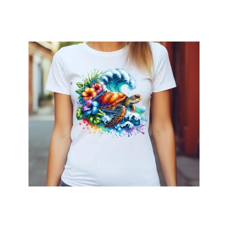 Artistic T - Shirt Featuring a Sea Turtle Embellished with Tropical Blooms and Abstract Ocean Wave Splashes Hoodie,...