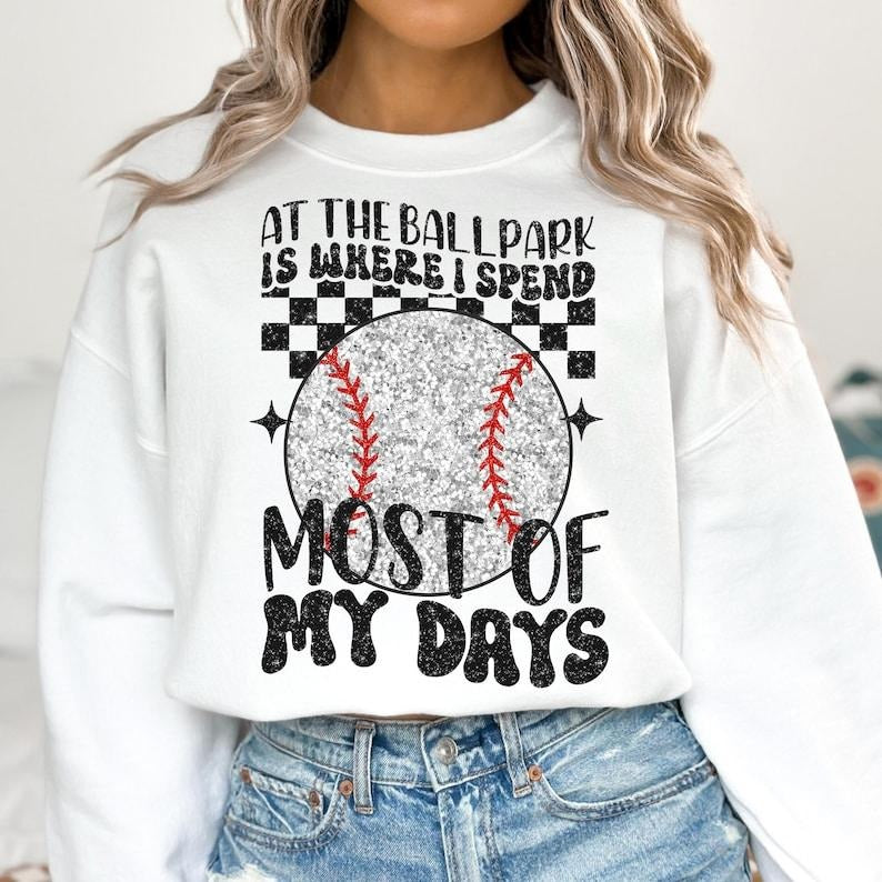 At The Ballpark , Game Day , Baseball Bow  Mama , Baseball Mom , Checkered Baseball Sweatshirt Crewneck T-Shirts, Hoodie