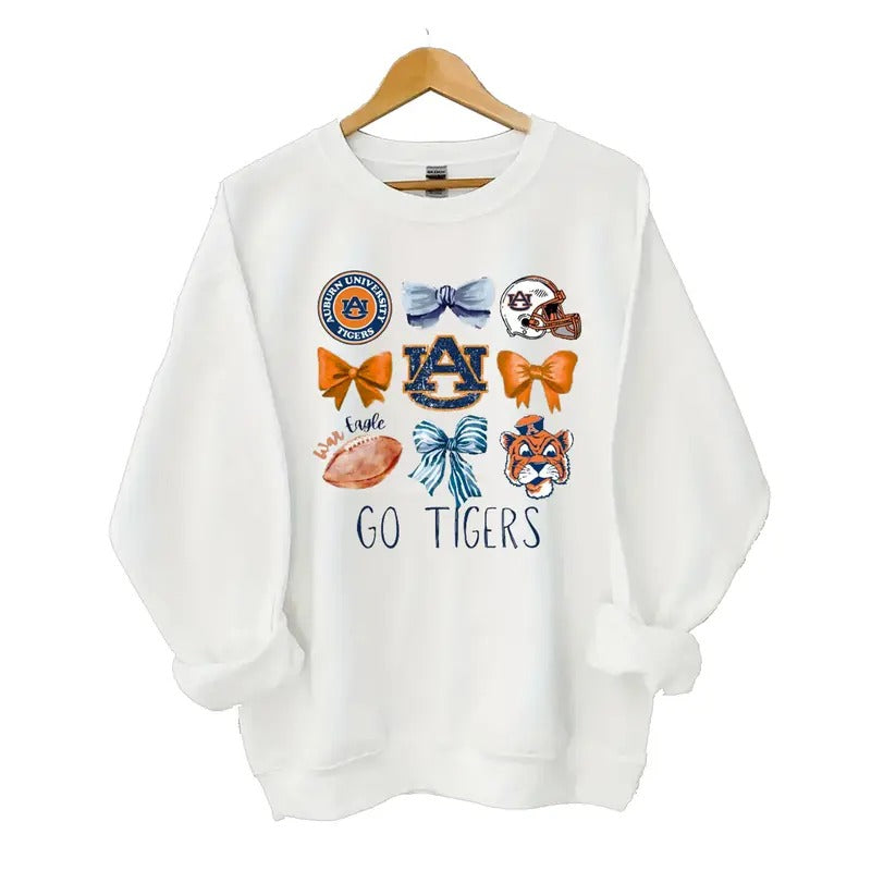 Auburn Tigers Coquette Football Sweatshirt, White, Classic Cotton Blend, Long Sleeve, Crewneck, Casual Style, "GO TIGERS"...