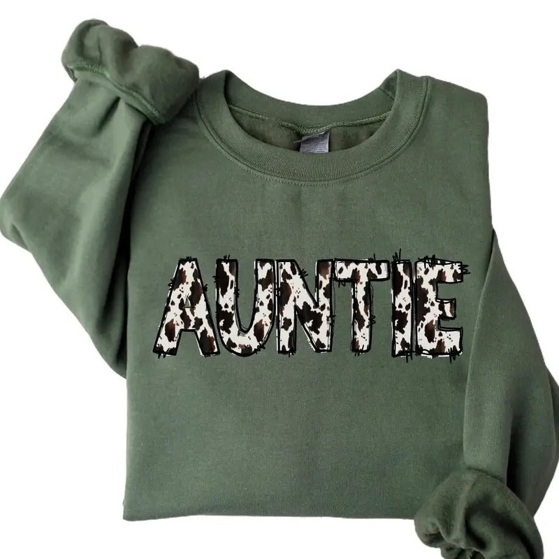 Auntie Sweatshirt, Buffalo Plaid Auntie Tee, Cow Pattern Auntie Shirt, Aunt to be Sweaters Underwear Cotton Fabric Hoodie