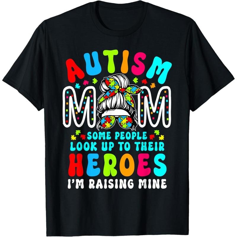 Autism Mom Raising Hero Groovy Messy Bun Autism Awareness T-Shirt Hoodie, Sweatshirt | UrbanDripWear.com