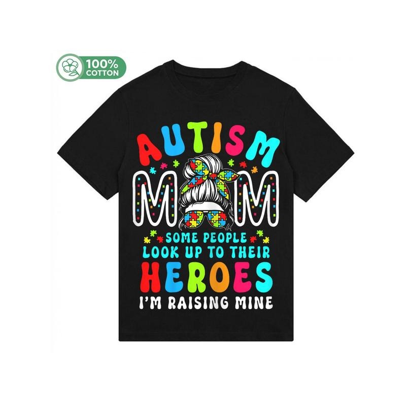 Autism Mom Raising Hero Groovy Messy Bun Autism Awareness T-Shirt, 180g Hoodie, Sweatshirt | UrbanDripWear.com