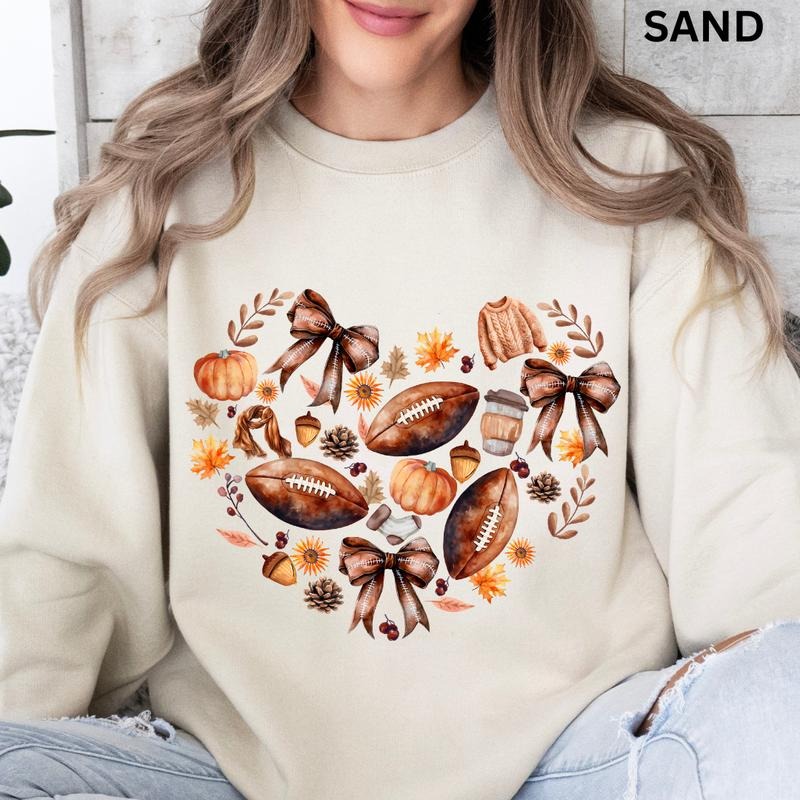 Autumn Fall Doodles Sweatshirt, Football Bow Heart Doodles Crewneck, Fall Sweatshirt, Graphic Fall Crewneck, Sweatshirt...