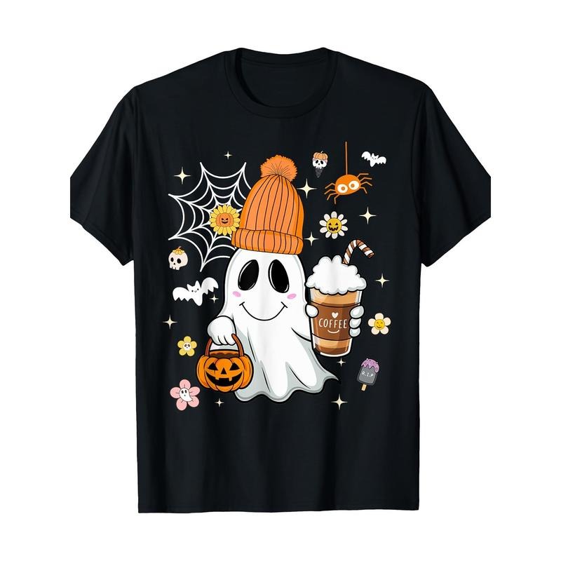 Autumn Man Woman Cute ghost drinking coffee spooky Halloween 100% Cotton T-shirt Made in USA Hoodie, Sweatshirt