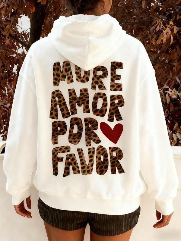 Autumn Winter Essential Leopard Print Hoodie, Casual Loose-Fit Round Neck Pullover for Women, Thicken Fabric Letter...