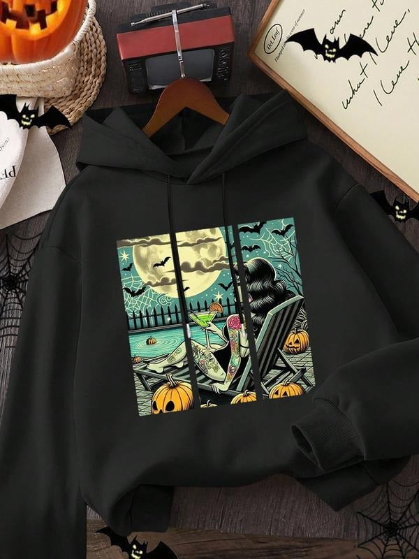 Autumn Winter Fashion Casual Loose-Fit Hoodie, Unisex Round Neck Pullover Sweatshirt, Halloween Print Fleece Lined...