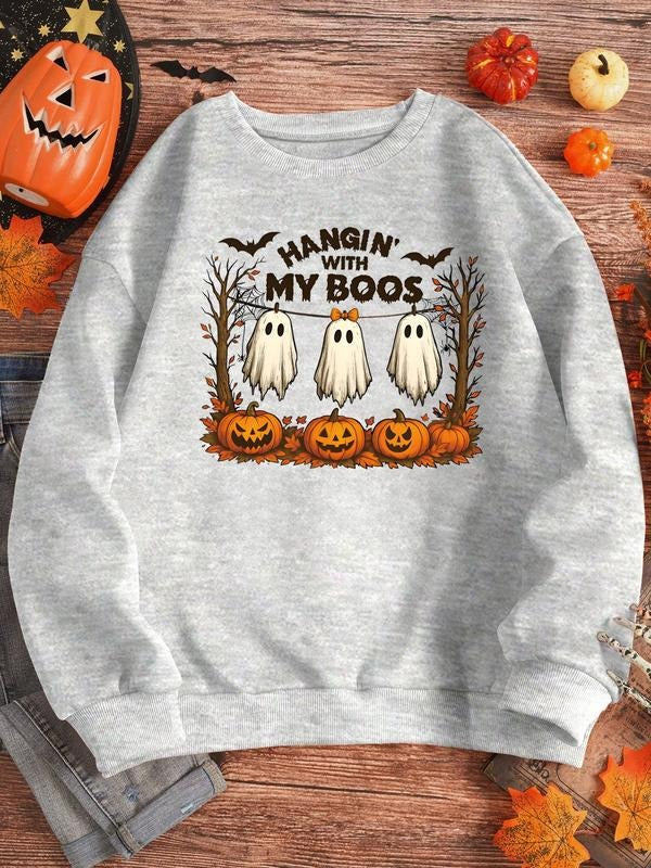 Autumn Winter New Fashion Casual Loose Round Neck Pullover Women's Sweatshirt, Cute Halloween Ghost Letter Print, Warm...