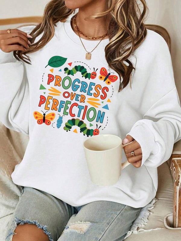 Autumn Winter New Women's Casual Comfortable Fashion Cartoon Letter Print Fleece Lined Crew Neck Pullover Sweatshirt...