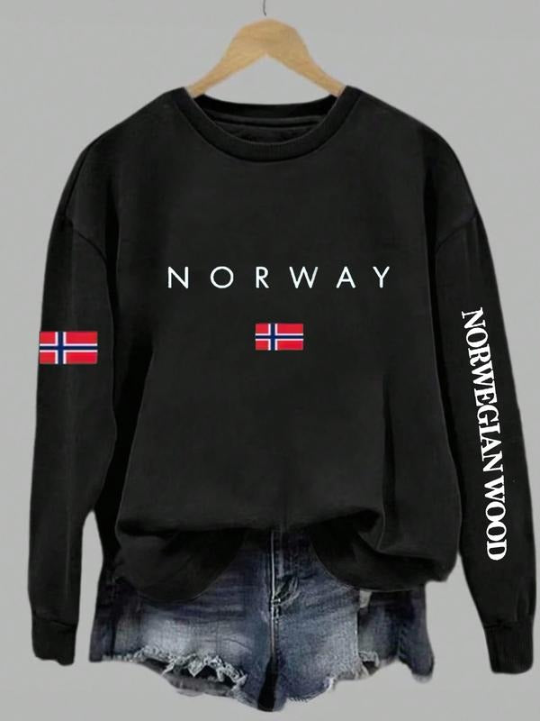 Autumn Winter Unisex Casual Fitted Long Sleeve Sweatshirt, Norwegian Letter Print, Loose Fit, Round Neck, Sporty Style,...