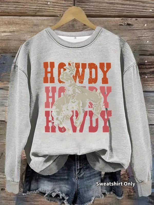 Autumn Winter Women's Casual Long Sleeve Round Neck Horse Riding Denim Print Sweatshirt, Fitted Knitwear for Age 18-24,...