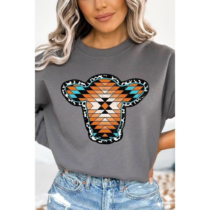 Aztec Cow Portrait Heavy-weight Crew Sweatshirt T-Shirts, Hoodie | UrbanDripWear.com