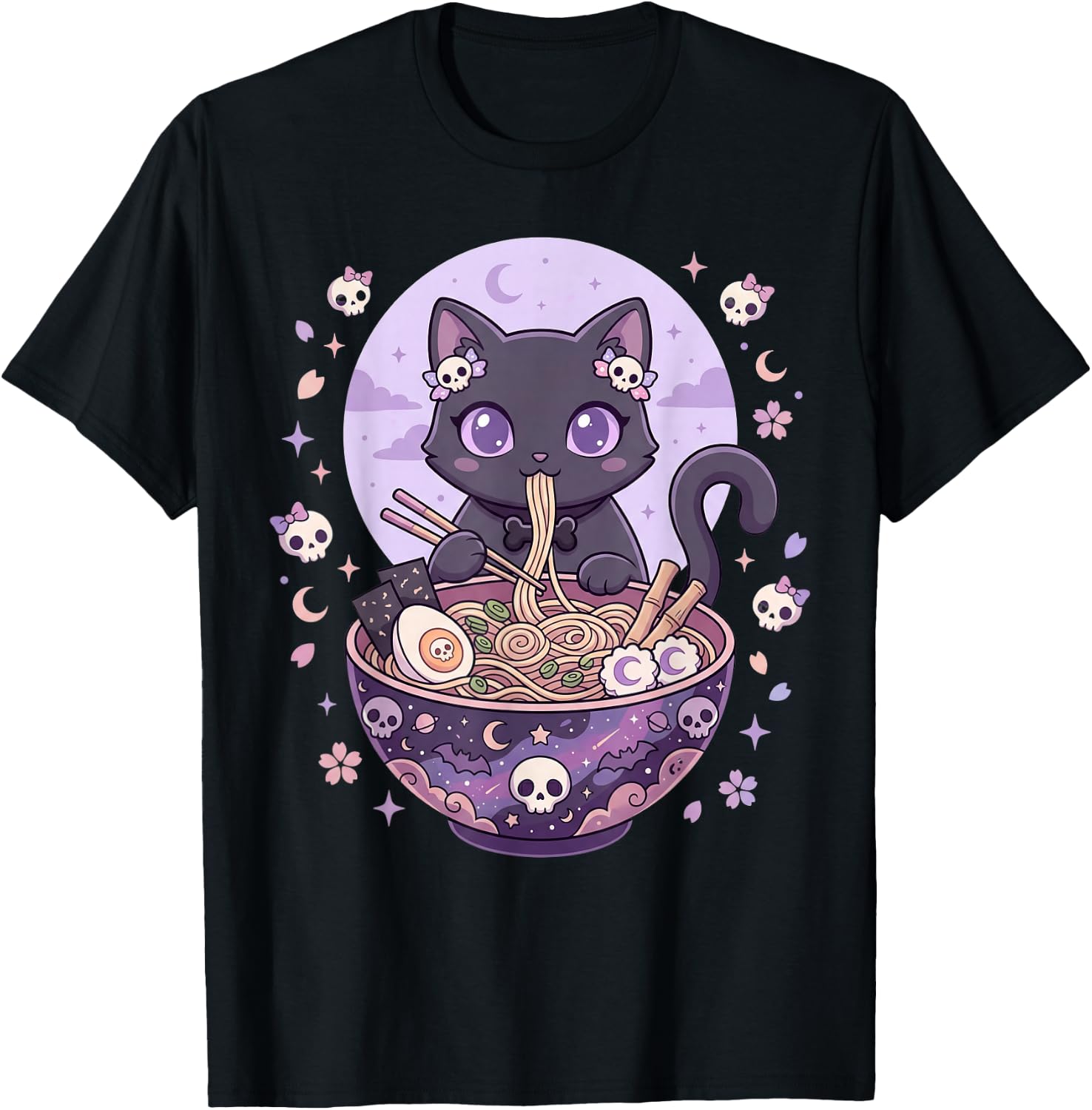 Pastel Goth Aesthetic Kawaii Creepy Cat Ramen Noodles Girls T-Shirt