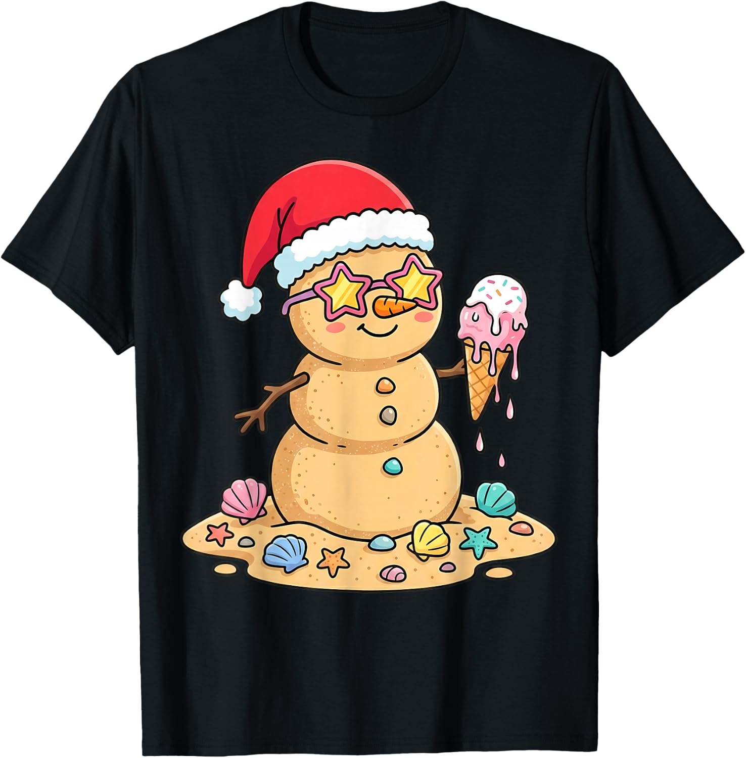 Cute Sand Snowman Santa Hat Christmas in July T-Shirt