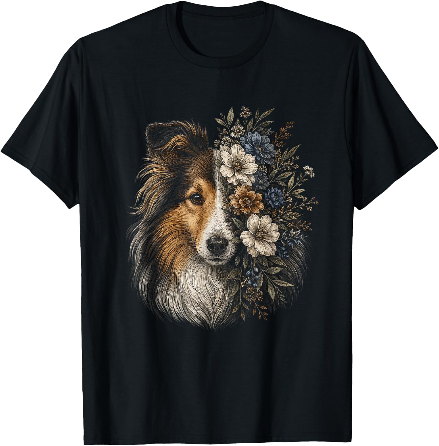 Floral Shetland Sheepdog Artwork Sheltie Graphic T-Shirt