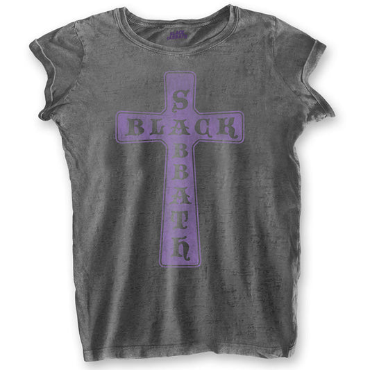 Black Sabbath Ladies Fashion T-Shirt: Vintage Cross (Burn Out)