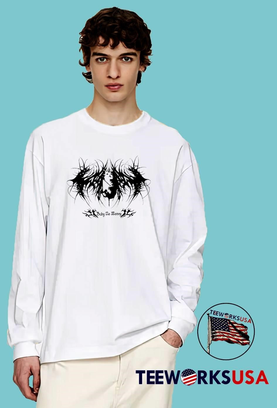 Baby No Money text with cat and abstract shapes shirt
