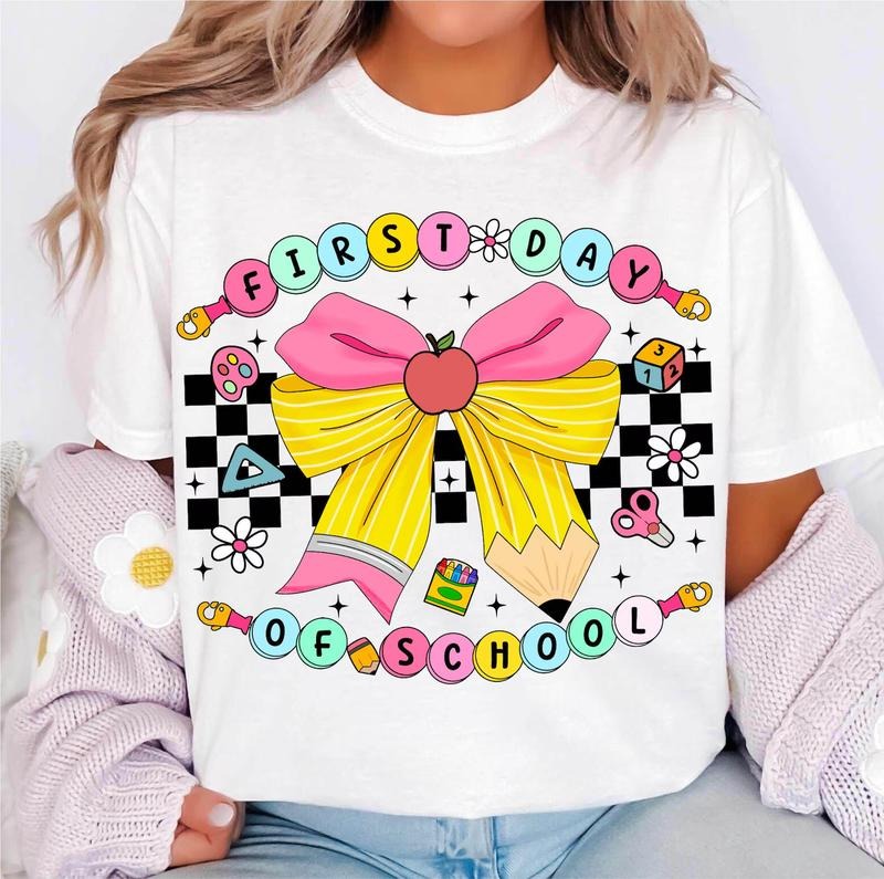 Back to School Shirt, Preppy Teacher Bracelets Shirt, Teacher Coquette Pencil Bow, Retro Teacher, Teacher Life, 1st Day...