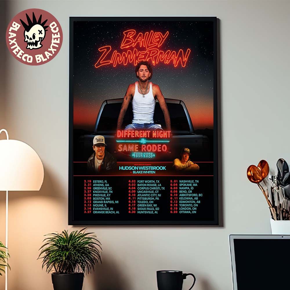 Bailey Zimmerman Different Night Same Rodeo Tour 2026 Home Decor Poster Canvas